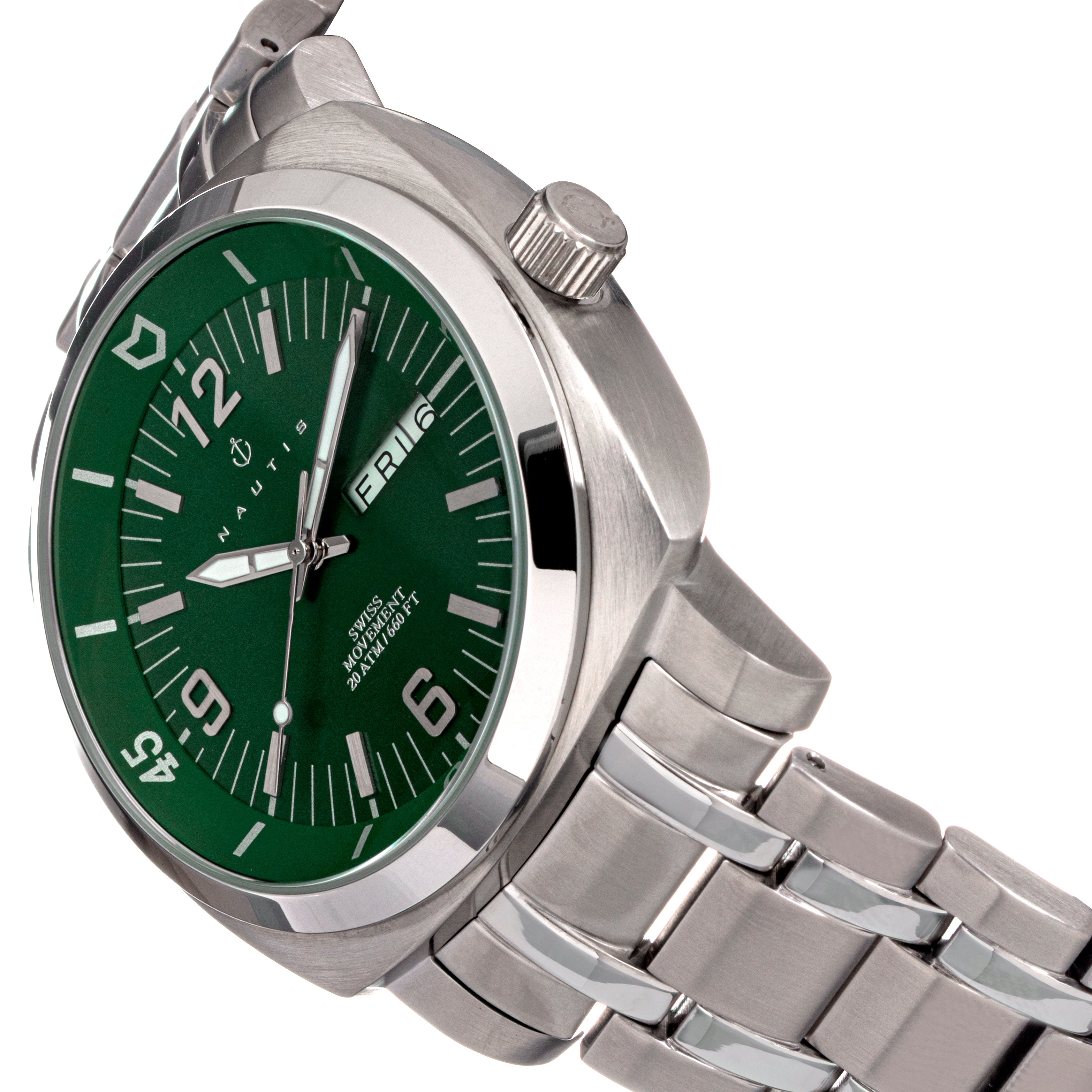 Nautis Men's Bracelet Diver Watch w/Day/Date - Green - GL2087-A