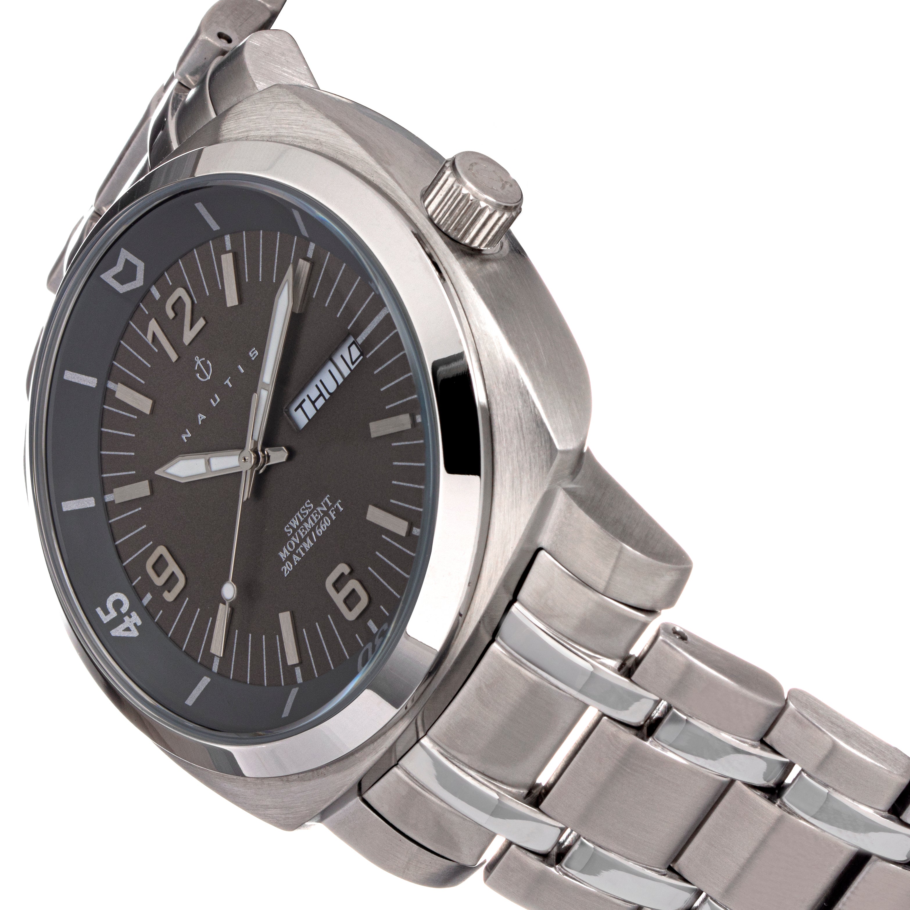 Nautis Men's Bracelet Diver Watch w/Day/Date  - Grey  - GL2087-G