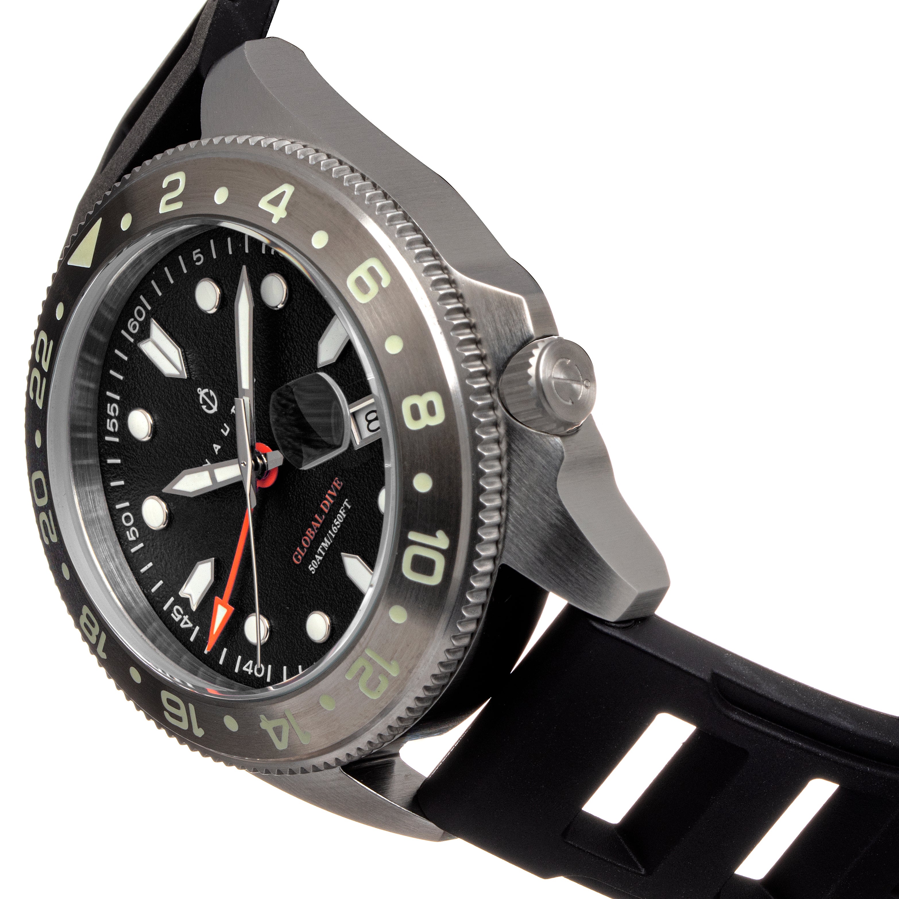 Nautis Global Dive Rubber-Strap Watch w/Date - Black - 18093R-C