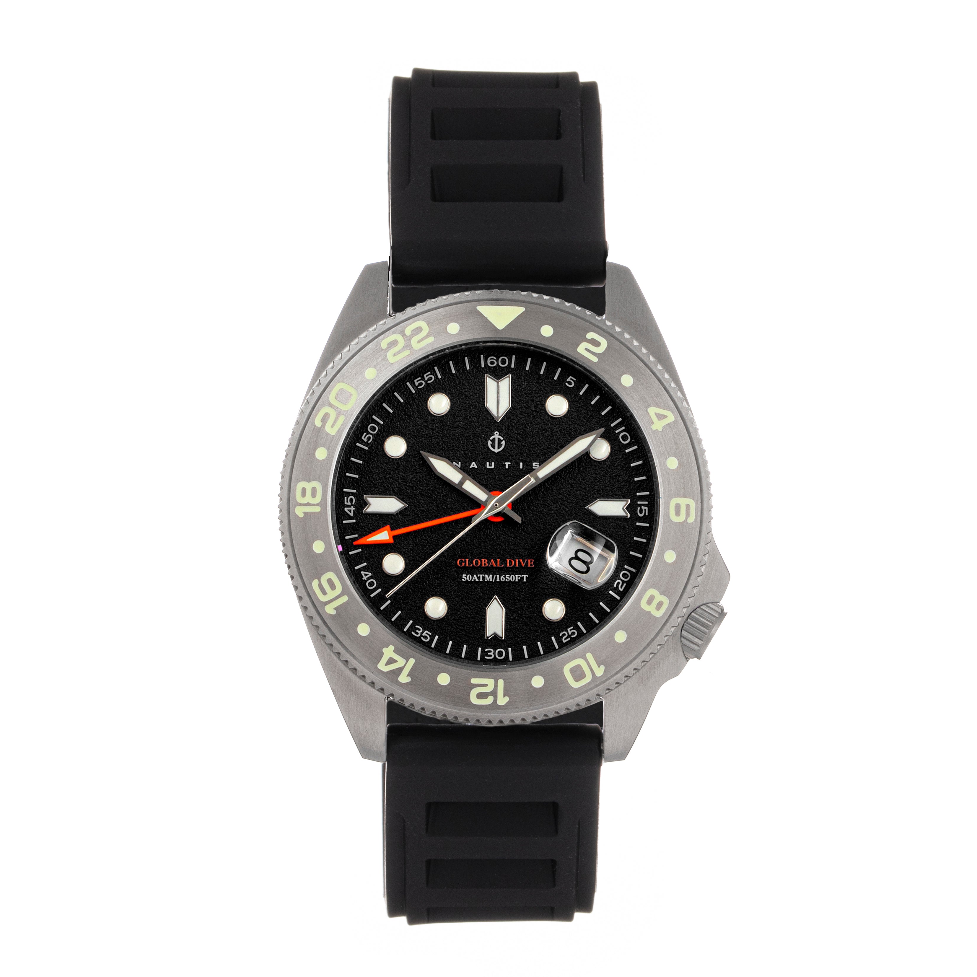 Nautis Global Dive Rubber-Strap Watch w/Date - Black - 18093R-C